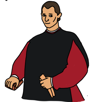 A drawing of Niccolò Machiavelli from the torso up. He is holding a scroll and a book